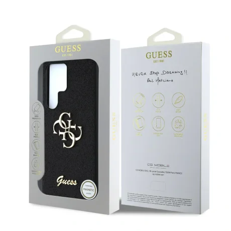 Husa spate Guess PU Fixed Glitter 4G Metal Logo pentru Samsung Galaxy S25 Ultra, Negru