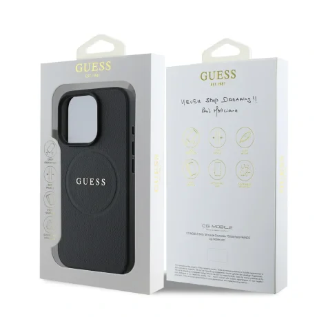 Husă spate Guess PU Grained Classic Logo MagSafe pentru iPhone 16 Pro, neagră