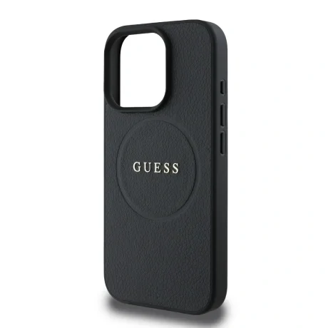 Husă spate Guess PU Grained Classic Logo MagSafe pentru iPhone 16 Pro, neagră