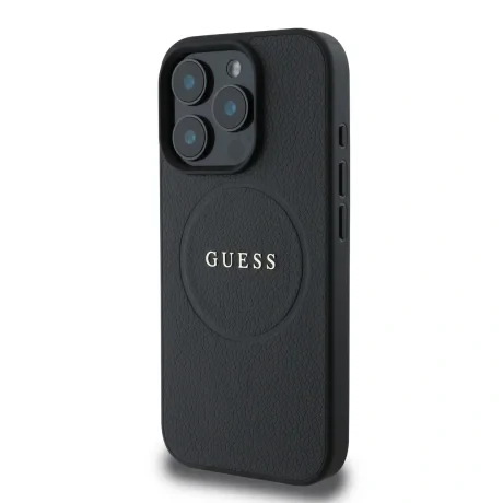 Husă spate Guess PU Grained Classic Logo MagSafe pentru iPhone 16 Pro, neagră