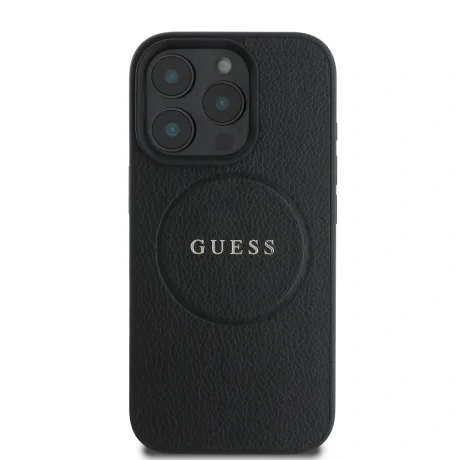 Husă spate Guess PU Grained Classic Logo MagSafe pentru iPhone 16 Pro, neagră
