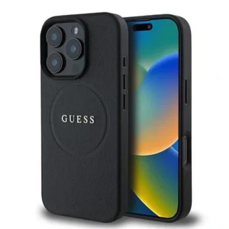 Husă spate Guess PU Grained Classic Logo MagSafe pentru iPhone 16 Pro, neagră