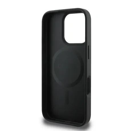 Husă spate Guess PU Grained Classic Logo MagSafe pentru iPhone 16 Pro, neagră