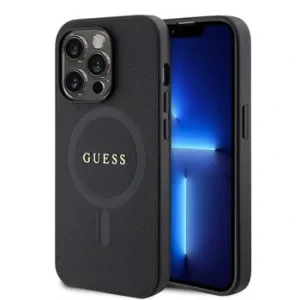 Husă spate Guess PU Saffiano MagSafe pentru iPhone 15 Pro Max, neagră