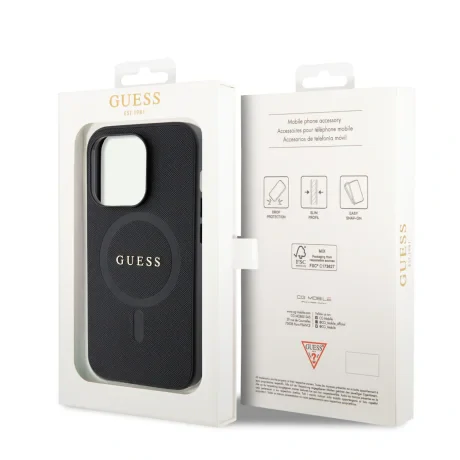 Husă spate Guess PU Saffiano MagSafe pentru iPhone 15 Pro Max, neagră