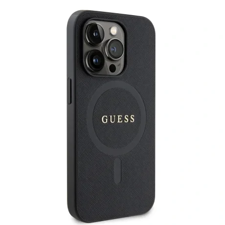 Husă spate Guess PU Saffiano MagSafe pentru iPhone 15 Pro Max, neagră