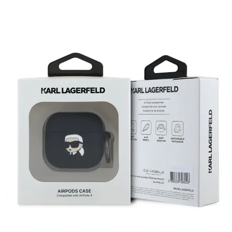 Carcasă din silicon Karl Lagerfeld cu logo 3D NFT Karl Head pentru AirPods 4, neagră