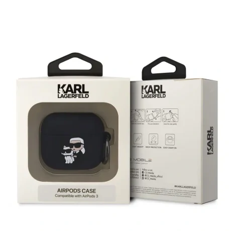 Carcasă din silicon Karl Lagerfeld cu logo 3D NFT Karl și Choupette pentru AirPods 3, neagră