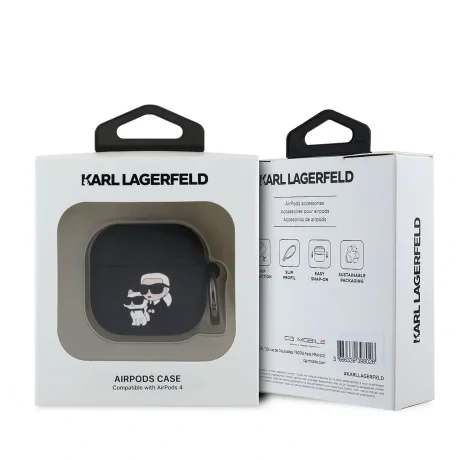Carcasă din silicon Karl Lagerfeld cu logo 3D NFT Karl și Choupette pentru AirPods 4, neagră