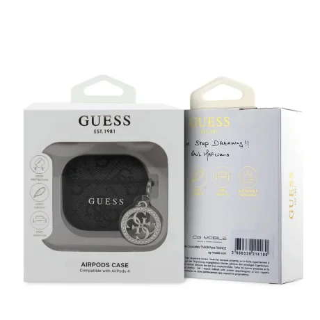 Carcasă Guess 4G Script PC/PU Charm pentru AirPods 4, neagră