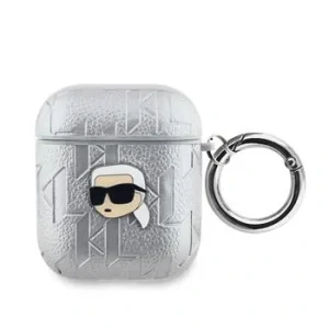 Carcasă Karl Lagerfeld cu imprimeu Karl Head în relief din PU pentru AirPods 1/2, argintie