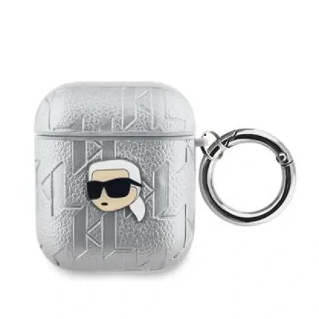 Carcasă Karl Lagerfeld cu imprimeu Karl Head în relief din PU pentru AirPods 1/2, argintie