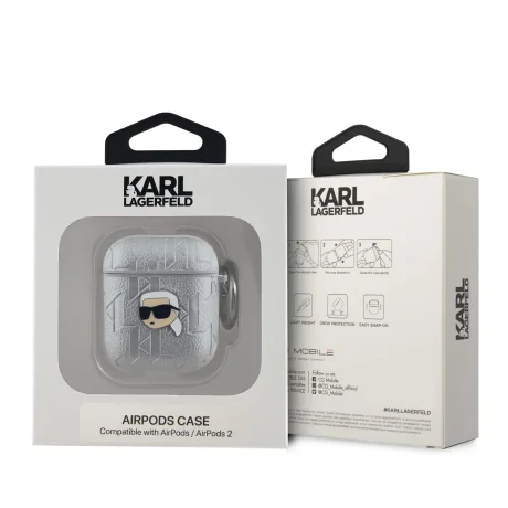 Carcasă Karl Lagerfeld cu imprimeu Karl Head în relief din PU pentru AirPods 1/2, argintie