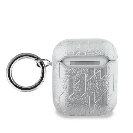 Carcasă Karl Lagerfeld cu imprimeu Karl Head în relief din PU pentru AirPods 1/2, argintie