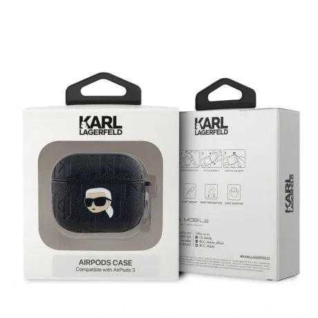 Carcasă Karl Lagerfeld cu imprimeu Karl Head în relief din PU pentru AirPods 3, neagră