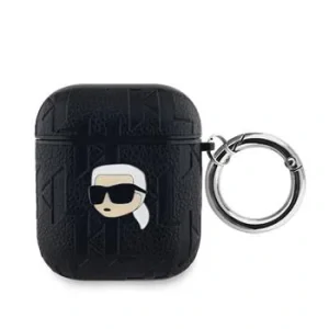 Carcasă Karl Lagerfeld din PU cu imprimeu Karl Head în relief pentru AirPods 1/2, neagră