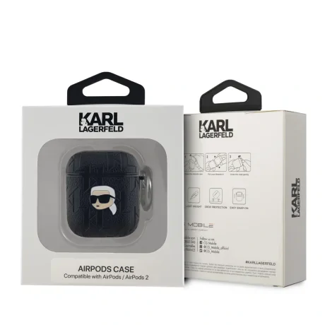 Carcasă Karl Lagerfeld din PU cu imprimeu Karl Head în relief pentru AirPods 1/2, neagră