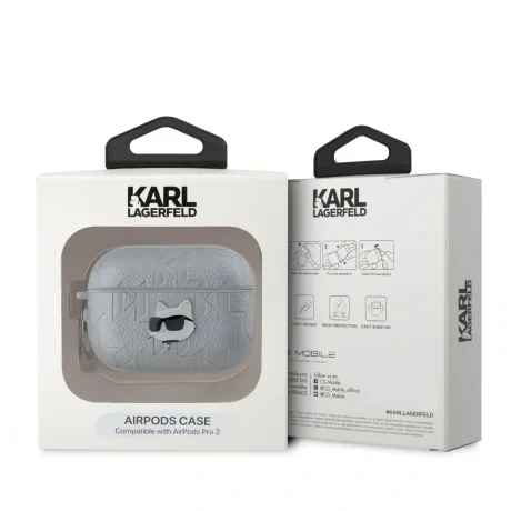 Carcasă Karl Lagerfeld din PU cu model de cap de ciocolată în relief pentru AirPods Pro 2, argintie