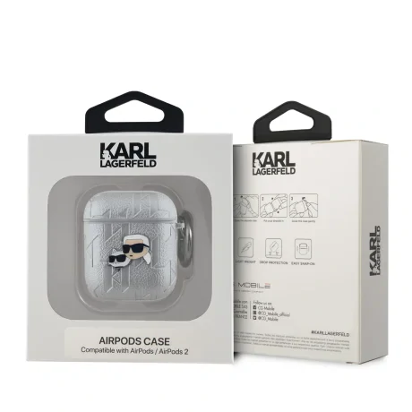 Carcasă Karl Lagerfeld din PU cu motive Karl și Choupette în relief, argintie, pentru AirPods 1/2