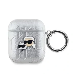 Carcasă Karl Lagerfeld din PU cu motive Karl și Choupette în relief, argintie, pentru AirPods 1/2