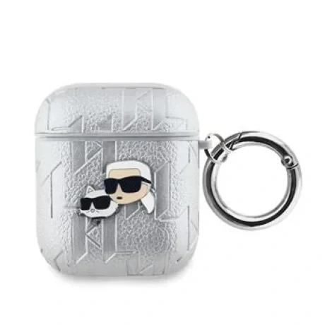 Carcasă Karl Lagerfeld din PU cu motive Karl și Choupette în relief, argintie, pentru AirPods 1/2