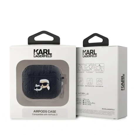 Carcasă Karl Lagerfeld din PU cu motive Karl și Choupette în relief pentru AirPods 3, neagră