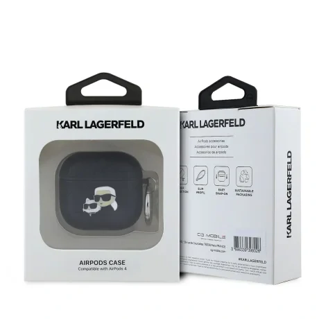Carcasă Karl Lagerfeld din PU cu motive Karl și Choupette în relief pentru AirPods 4, neagră