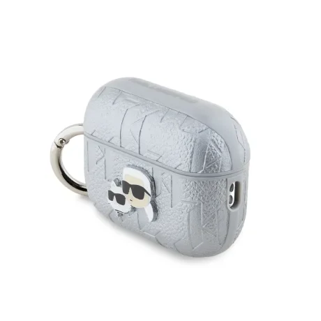Carcasă Karl Lagerfeld din PU cu motive Karl și Choupette în relief pentru AirPods Pro 2, argintie