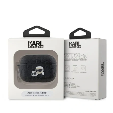 Carcasă Karl Lagerfeld din PU cu motive Karl și Choupette în relief pentru AirPods Pro 2, neagră