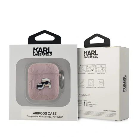 Carcasă Karl Lagerfeld din PU cu motive Karl și Choupette în relief, roz, pentru AirPods 1/2