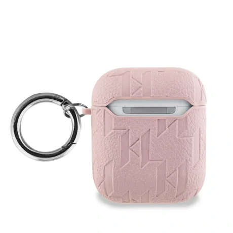 Carcasă Karl Lagerfeld din PU cu motive Karl și Choupette în relief, roz, pentru AirPods 1/2