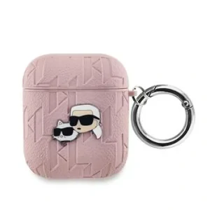 Carcasă Karl Lagerfeld din PU cu motive Karl și Choupette în relief, roz, pentru AirPods 1/2