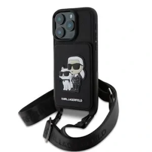 Carcasă Karl Lagerfeld Saffiano Crossbody Strap Karl and Choupette pentru iPhone 16 Pro, neagră