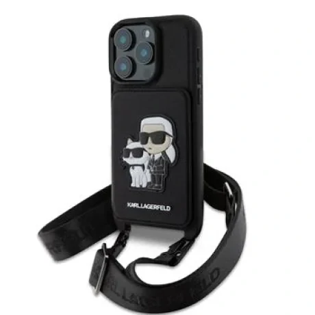 Carcasă Karl Lagerfeld Saffiano Crossbody Strap Karl and Choupette pentru iPhone 16 Pro, neagră