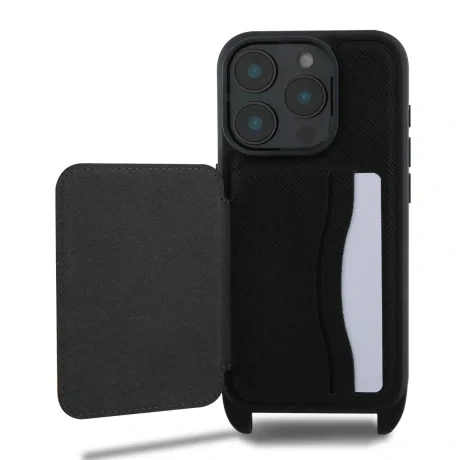Carcasă Karl Lagerfeld Saffiano Crossbody Strap Karl and Choupette pentru iPhone 16 Pro, neagră