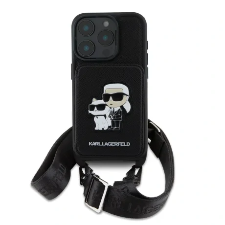 Carcasă Karl Lagerfeld Saffiano Crossbody Strap Karl and Choupette pentru iPhone 16 Pro, neagră