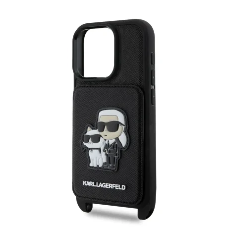 Carcasă Karl Lagerfeld Saffiano Crossbody Strap Karl and Choupette pentru iPhone 16 Pro, neagră