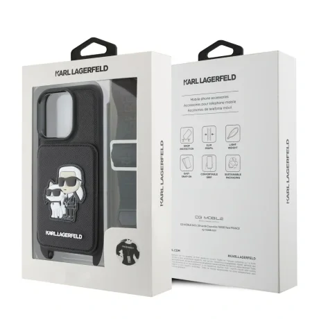 Carcasă Karl Lagerfeld Saffiano Crossbody Strap Karl and Choupette pentru iPhone 16 Pro, neagră