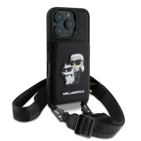 Carcasă Karl Lagerfeld Saffiano Crossbody Strap Karl and Choupette pentru iPhone 16 Pro, neagră