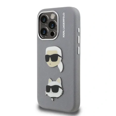Carcasă spate Karl Lagerfeld cu model granulat din PU K&amp;amp;CH Heads pentru iPhone 15 Pro Max, gri