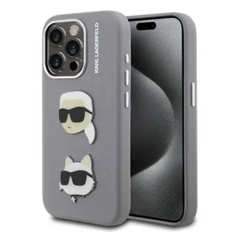 Carcasă spate Karl Lagerfeld cu model granulat din PU K&amp;amp;CH Heads pentru iPhone 15 Pro Max, gri