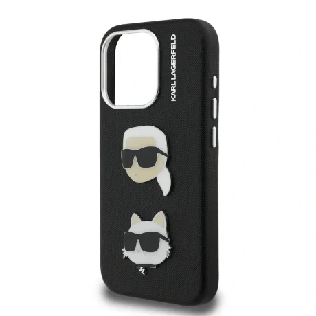Carcasă spate Karl Lagerfeld cu model granulat din PU K&amp;amp;CH Heads pentru iPhone 15 Pro Max, neagră