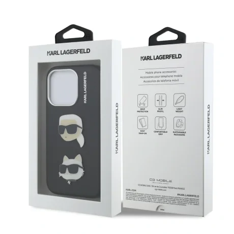 Carcasă spate Karl Lagerfeld cu model granulat din PU K&amp;amp;CH Heads pentru iPhone 15 Pro, neagră