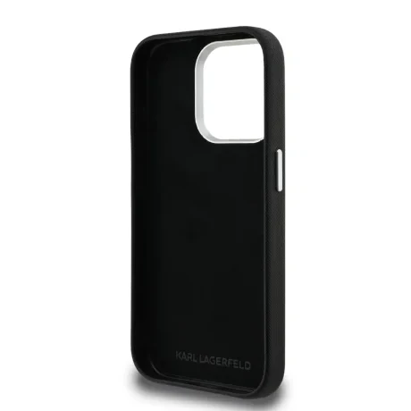 Carcasă spate Karl Lagerfeld cu model granulat din PU K&amp;amp;CH Heads pentru iPhone 15 Pro, neagră
