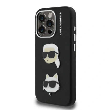Carcasă spate Karl Lagerfeld cu model granulat din PU K&amp;amp;CH Heads pentru iPhone 15 Pro, neagră