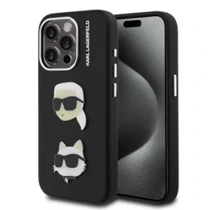Carcasă spate Karl Lagerfeld cu model granulat din PU K&amp;amp;CH Heads pentru iPhone 15 Pro, neagră