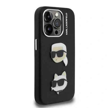 Carcasă spate Karl Lagerfeld cu model granulat din PU K&amp;amp;CH Heads pentru iPhone 15 Pro, neagră