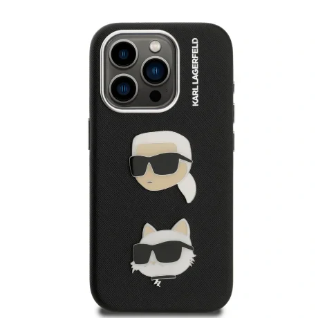Carcasă spate Karl Lagerfeld cu model granulat din PU K&amp;amp;CH Heads pentru iPhone 15 Pro, neagră