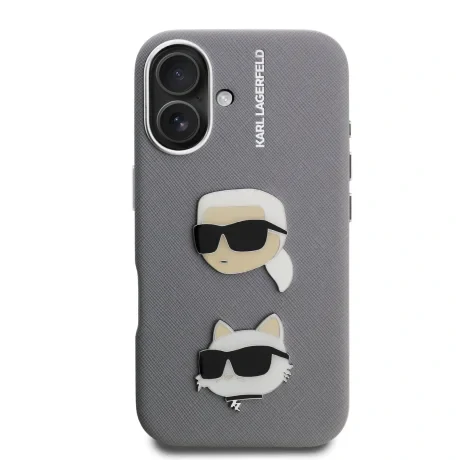 Carcasă spate Karl Lagerfeld cu model granulat din PU K&amp;amp;CH Heads pentru iPhone 16, gri