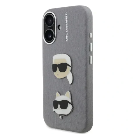 Carcasă spate Karl Lagerfeld cu model granulat din PU K&amp;amp;CH Heads pentru iPhone 16, gri